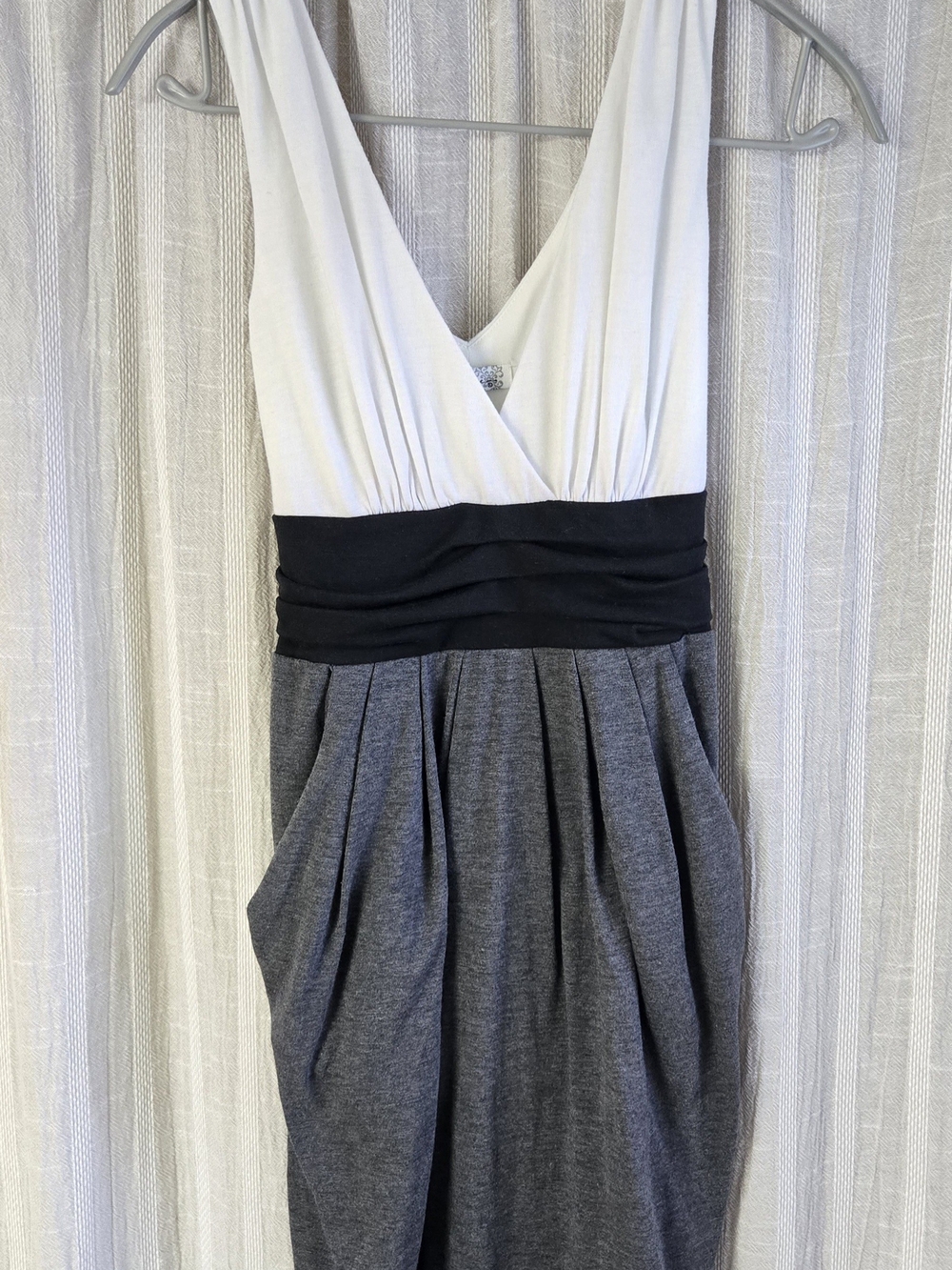 Speechless White Black and Gray Pleated V-Neck Midi Dress